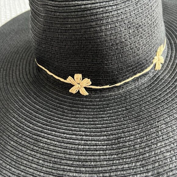 Black Floppy Straw Hat With Flowers At Crown Merona New With Tags Summer Beach - Picture 3 of 8